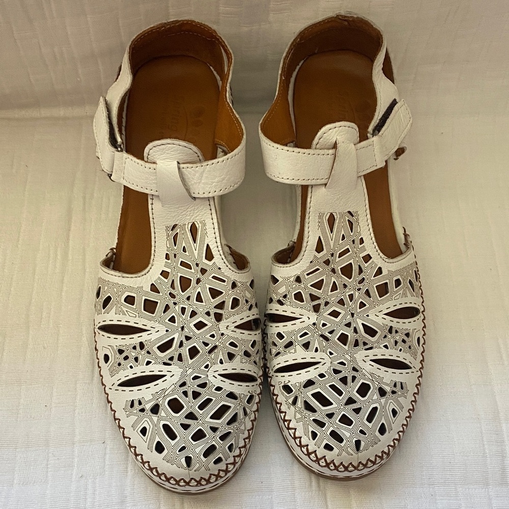 SPRING STEP  White Laser-Cut Leather Sandals with Ankle Strap